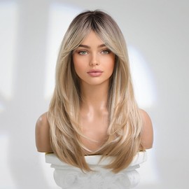 YURUITONG Women Long Blonde Ombre Wig with Deep Roots, Layered Synthetic Wig with Bangs Heat Resistant Fiber 24 Inch Daily Suitable