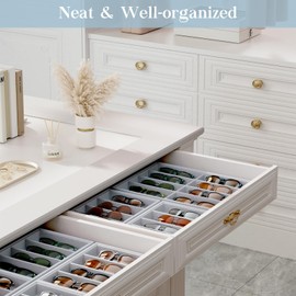 Lolalet Sunglasses Organizer Tray, 4 Grids Velvet Glasses Eyewear Holder Trays, Sunglass Display Drawer Storage for Women Men -4 Pack, Grey