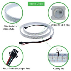 ALITOVE LED Illumination LED Tape Light WS2812B Addressable 5050 RGB SMD 1m 144 Pixels Dream Waterproof IP67 White PCB DC 5V
