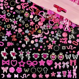 650pcs Mixed 3D Nail Charms Kit, 12pcs Luxury Metal Nail Rhinestones and 250pcs Resin Butterfly Flower Star Heart Bow Charms with 400pcs Flatback Pearls Rhinestone Metal Gems Charms (Hot Pink)