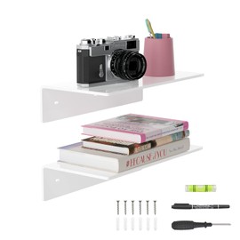 Sezanrpt 12 Inches White Acrylic Wall Shelves Set of 2, White Floating Shelf, Wall Mounted Shelves for Funko Pop Shelves, Smart Speaker, Plants, Picture Frame, Digital Clock, 2 Pack