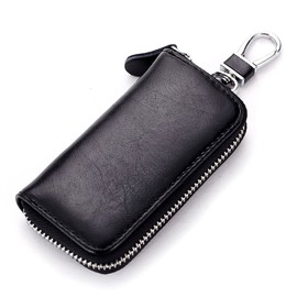 Genuine Leather Key Holder Bag with 2 Card Slot & 6 Hooks & 1 Access Card,Key Case Car Key Holder Wallet for Men Women (Black)