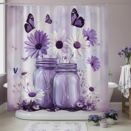 FAXTOZ Rustic Purple Butterfly Daisy Floral Glass Jar Shower Curtain, Farmhouse Bathroom Decor Polyester Bathroom Curtains Set with Hooks 70"x70"