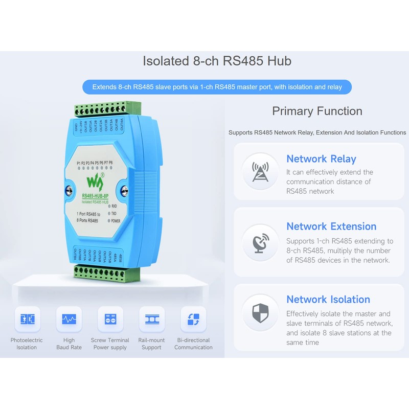 8-ch RS485 Hub with RS485 Network Relay, Extension, Isolation Functions,