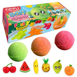 ZIMPLI - 3 x Large 100g Fruity Surprise Baff Bombz, 1 dei 6 giocattoli fruttati da collezionare, uno per ogni bomba da bagno, giocattolo da bagno per bambini, regalo con la paghetta