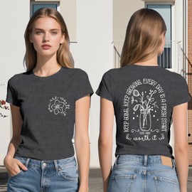LuxLass Inspirational Shirts for Women You are Worth It T-Shirt Front Back Floral Tee Tops Grey