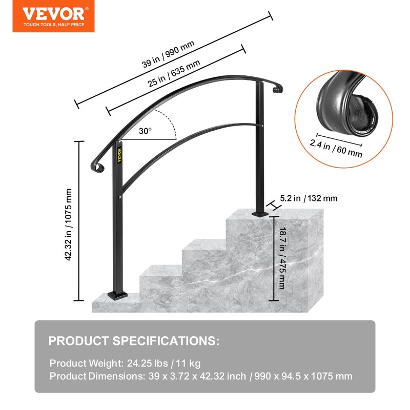 VEVOR Adjustable Metal Staircase Handrail for Outdoor Steps, 2-3 Steps