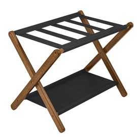 VASMIA Luggage Rack, Folding Suitcase Stand with Storage Shelf,Bamboo Luggage Stand for Guest Room,Bedroon and Hotel,Holds up to 131 lb,Fit Most Luggage Size,Walnut