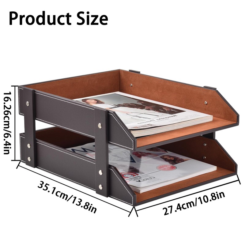 XNONE Leather Desk Organizer,2-Tier Stackable Letter Tray Holder,Office Supplies Desktop