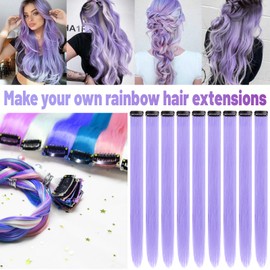 TOFAFA 22 inch Colored Hair Extensions, Multi-colors Party Highlights Clip in Synthetic Hair Extensions, Color Party Highlights Hairpieces for Girls Women(10 PCS Light Purple)