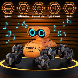 LNNKINE Robot Toy, 8 Wheels Stunt Robot Toys with 2.4Ghz, Auto-Demonstration, 360° Rotation, LED Eyes，Easy Kid-Friendly Controls for Indoor/Outdoor Play, Gifts and Toys for Kids Aged 8-13, Orange