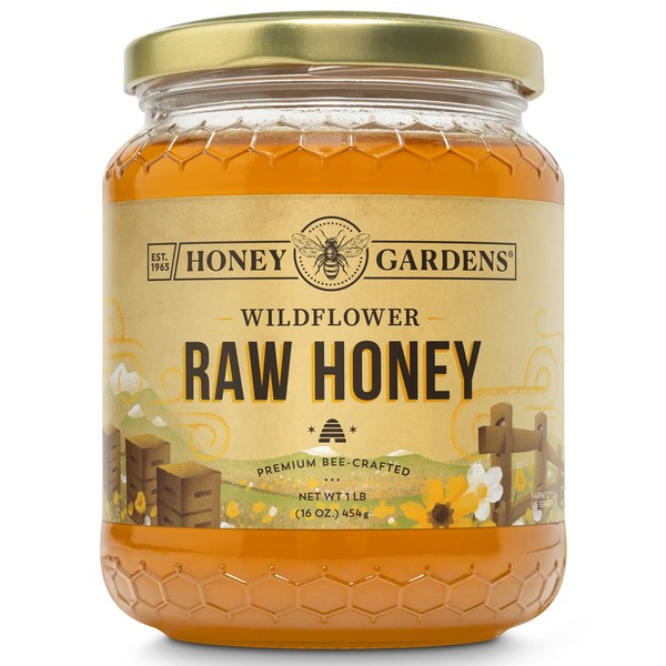 Honey Gardens Wildflower Raw Honey, Premium, Unfiltered, Unpasteurized Pure Honey Bee-Crafted from Clover, Alfalfa & Wildflowers from the American Plains, Light Color, 60-Day Guarantee (Unflavored, 1 lb Jar)