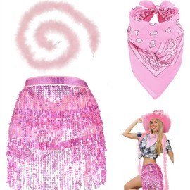 Tarpop 3 Pack Pink Cowgirl Costume Outfit Set Cowgirl Pink Sequin Tassel Skirt Fringe Hip Scarf Bandana with Chandelle Feather Boa Dance Performance Skirt for Women Bestie Party Costume
