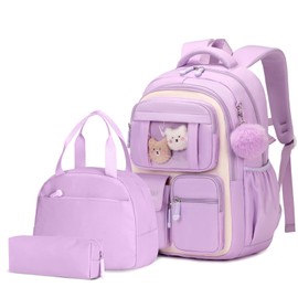 Amythe Girls Backpack with Lunch Box 3Pcs, Kawaii School Bag Set for Kid Elementary Middle School, Multi-Pocket Cute Laptop Bookbag Lightweight, Purple