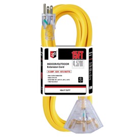 EP 15 Ft 12 Gauge Heavy Duty Extension Cord, 15A 125V 1875W, 3 Outlet Indoor/Outdoor Power Cord with Lighted End, 12/3 SJTW Weatherproof Yellow, UL Listed
