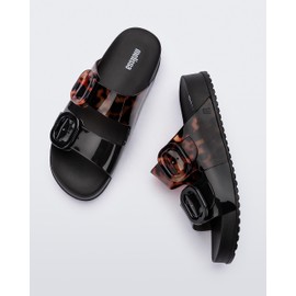 Melissa Cozy Jelly Slides for Women - Thick-Soled Slides with Adjustable Double Buckle Straps, Slip-on Vegan Jelly Shoes, Super Soft and Flexible Slides with Open Toe Design, Black/Clear Tortoise, 7