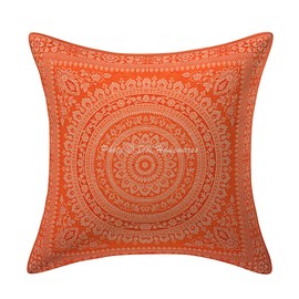 DK Homewares Decorative Sofa Cushion Covers 40 x 40 cm Orange Brocade Jacquard Weave Cushion Covers Decorative Cushion Zip Mandala Square Cushion Covers - Set of 4 (Cover Only)