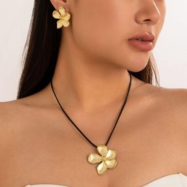 14K Gold Plated Flower Jewelry Set Gold Flower Stud Earrings Gold Flower Necklace Gold Flower Statement Jewelry Set (Necklace)