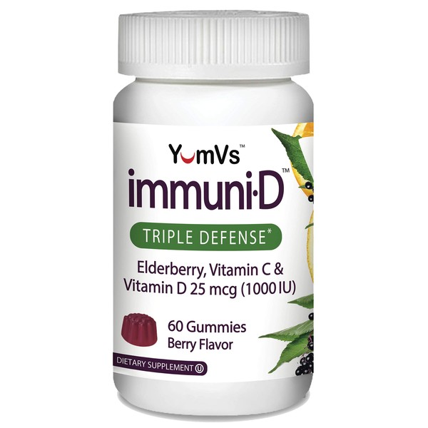 ImmuniD Elderberry Gummies by YumVs | Triple Defense Vitamins with Sambucus Elderberry, Vitamin C & Vitamin D | Complete Immune System Support for Women & Men | Natural Berry Flavor-60 Count
