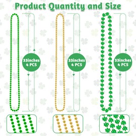 12 PCS St Patricks Day Necklace, Gold Green Beads Shamrocks Necklace, Plastic Shamrocks Bead Necklace Set, Irish Beer Decorations Supplies for St.Patricks Day Accessories Decorations Favors Bulk