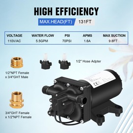 ECO-WORTHY 110V AC Fresh Transfer Diaphragm Water Pump On Demand 5.5GPM 70PSI High Pressure Water Booster Pump 110 Volt with Pressure Switch for Irrigation Garden Hose Sprinkler Home RV