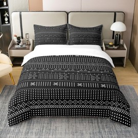 Exotic Geometric Cotton Duvet Cover Set King Size Ethnic African Inspired Boho Bedding Set for Women Men Ultra Soft Black Stripe Line Comforter Cover Set Arrow Bedspread Cover Room Decor Bedcothes