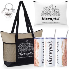 Sieral 4 Pcs Therapist Gift Christmas Appreciation Gift Therapy Canvas Tote Makeup Bag 20 Oz Tumbler Keychain for Women(White)