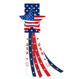 40 Inches USA Star Windsock Decoration, Patriotic Themed Hanging Wind Sock Ornament with Red, White, Blue Streamers, 'USA' Lettering, and Stars for 4th of July, Memorial Day, Veterans Day Decor