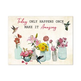 Today Only Happens Once Make It Amazing Wood Signs Hummingbirds Sunflower Rose Flower Vase Plaque Blossom Floral Retro Hanging Wall Signs Decorative For Women Shelf Decor Housewarming Gift 12x16in