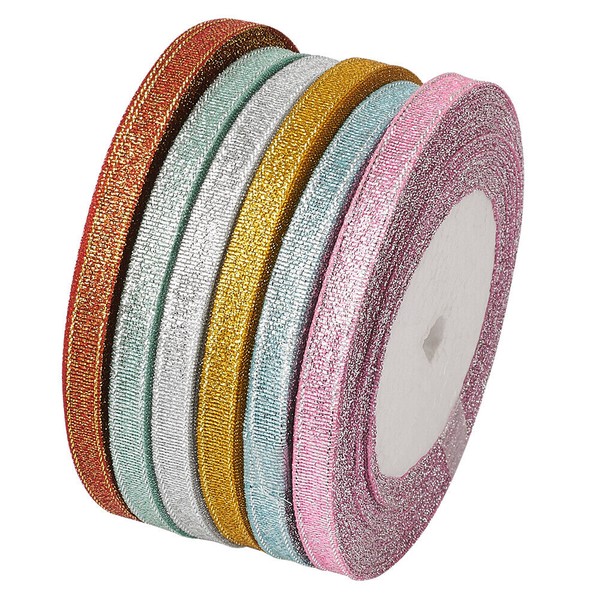 6 Rolls Double Faces Satin Ribbons Metallic Sparkling Gift Packing Trims 1/4"