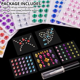 12 Sheets Face Gem Stickers Set 2 with 7 Colors, Mixed shape Crystal Self Adhesive Rhinestones Face Jewels Stick on, with Makeup Glue for Makeup Eyes Face Hair Nails Body, Crafts and Decorations