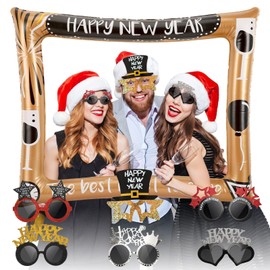 MOUNTCLIM New Years Eve Photo Props 2025 Set - 6 Pack Happy New Year Glasses and 1 Pack New Year Photo Booth Frame Happy New Years Decorations New Years Eve Party Supplies 2025 New Year Selfie Props