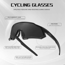 KINGSEVEN Cycling Glasses Polarised Sunglasses Men's MTB Cycling Glasses Sports Glasses with UV400 Protection for Driving Cycling, Black Frame Black Temple-black Lens