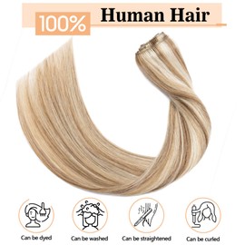 S-noilite Clip in Hair Extensions Real Human Hair,5Pcs Remy Natural Hair Extension Double Weft Seamless Clip in Hair Extensions Full Head for Women- #12/613 Golden Brown Mix Bleach Blonde-16 Inch(60g)