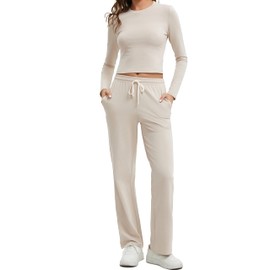 QCHENG Two Piece Sets for Women Long Sleeve Crop Tops Wide Leg Pants Lounge Set Cotton Sweatsuits Women 2 Piece Outfit Teen Girls Clothing Apricot M