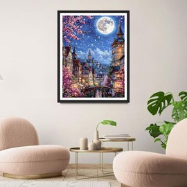 QINRUBB DIY Moon Night Diamond Painting Adults, 5D Night View Diamond Painting Pictures Beginners, Flowers Round Full Drill Diamond Art Kits Embroidery Cross Stitch Gifts Home Wall Decor 30 x 40 cm