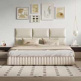 12-Piece Wall Mount Headboard Kit - White Peel and Stick Upholstered Headboard for Queen Size Bed, Floating Bed Backboard, 24" x 12" Panels, Artificial Leather