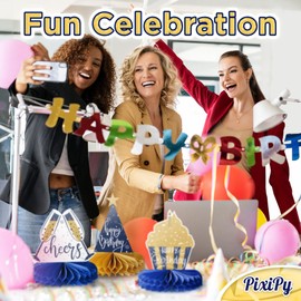 Happy Birthday Table Decoration Centerpieces - (8 Pack, Blue & Gold) - Double-Sided Happy Birthday Centerpieces for Tables - Party Supplies for Elegant Birthday Decorations by PixiPy