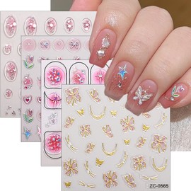 Cute Nail Art Stickers 3D Pink Tulip Flower Nails Decals Glitter Heart Bow Star Nail Stickers Gold Line Butterfly Nails Art Design Sticker Gradient Pink Manicure Supplies Decorations for Women 4Pcs