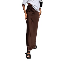 Vrtige Women's Elegant Satin Silky High Waist Zipper Flowy A Line Long Maxi Skirts Solid Dark Brown Medium