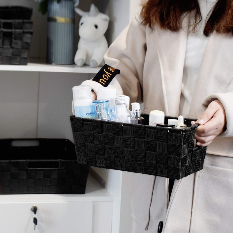 Woven Black Storage Baskets Shelf Tote Boxes Container, Durable Storage