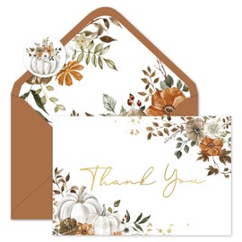 Whaline 24 Pack Fall Thank You Cards Pumpkin Floral Greeting Cards with Envelopes Stickers Gold Foil Blank Note Card for Autumn Thanksgiving Harvest Party Supplies, 4 x 6 Inch