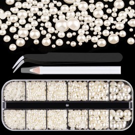 Belleboost Flat Back Pearls Kits 1 Box of Flatback Beige Half Round Pearls with Pickup Pencil And Tweezer for Home DIY And Professional Nail Art, Face Makeup And Craft