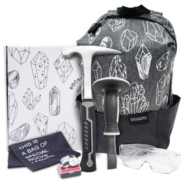 Rockhounding Tool Kit for Teens & Adults - Rock Collecting Equipment Essentials - Rock Pick Hammer & Chisel - 6 Piece Outdoor Geology Set - Mining Tools w/Small Rock Hounding Backpack, Gray