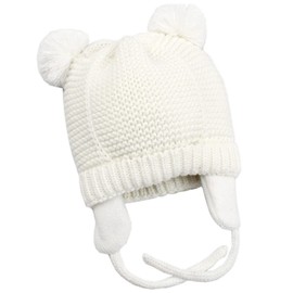 Baby Beanie Earflaps Hat - Infant Toddler Girls Boys Soft Warm Knit Hat Kids Winter Hat with Fleece Lining (White,L)