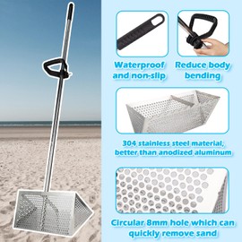 Sand Fleas Rake Set,Detachable 52 Inches Long Handle,Includes 1pcs Sand Flea Rake,1pcs Sand Sifter,1pcs Beach Bag,1pcs Black Beach Shovel,1pcs Foldable Fishing Bucket,One Pair of Gloves