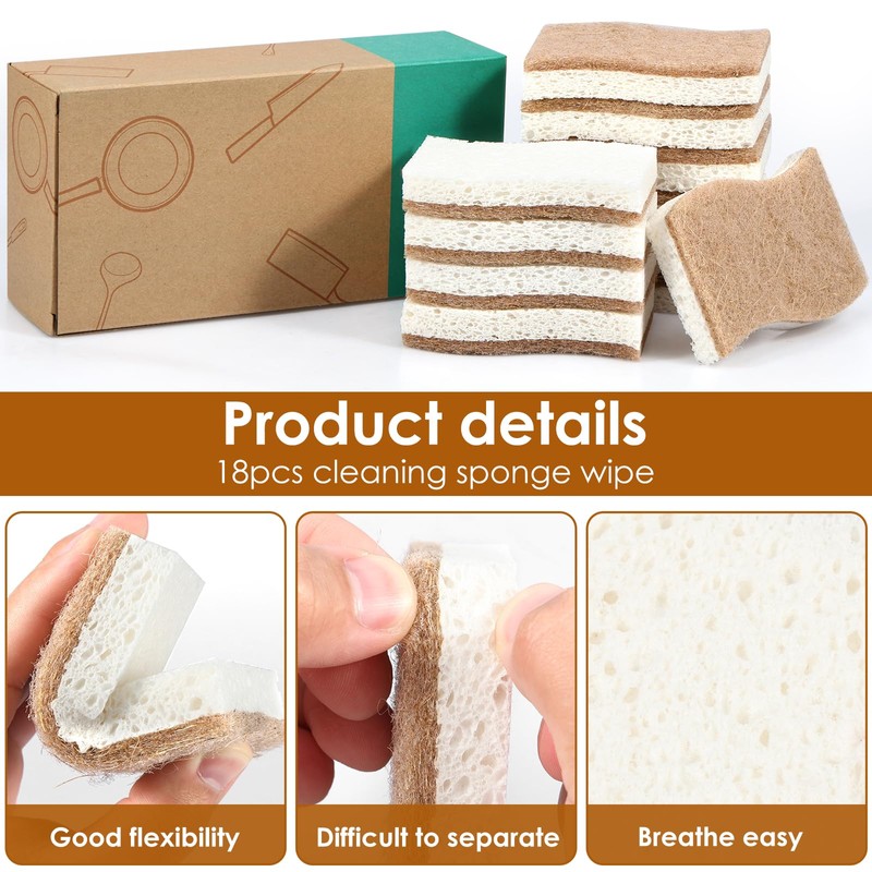 18 Pack Natural Sponges Eco-Friendly Dish Sponge for Odor Free
