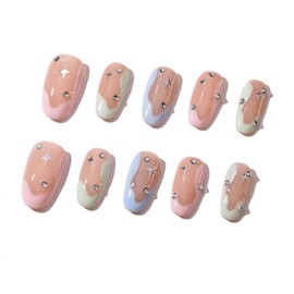 Handmade Press On Nails Almond Nails Acrylic Fake Nails with Designs French Tip Press On Nails Square Medium Summer Nails (Almond Nails-French tip with Rhinestone, S)