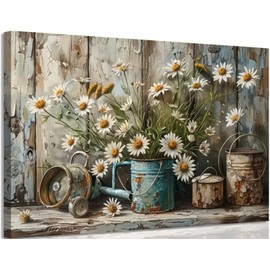 Rustic Farmhouse Daisy Canvas Wall art Vintage Country White Daisy Picture Wall Decor Neutral Still Life Flower Botanical Painting Artwork for Farmhouse Bedroom Bathroom Home Decoration 16x24in