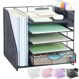 Organizador de escritorio con cajón y soporte para bolígrafos, organizador de bandeja para cartas de papel de 5 niveles con soporte para archivos, ade